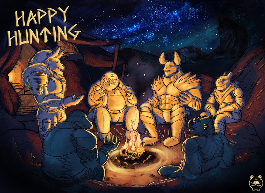 adventurer anthro armor campfire camping group male male/male night star text dasinbun capcom hopkeeper_games monster_hunter jin_(higlafavtfom) joseph_(higlafavtfom) koku_(higlafavtfom) leo_(higlafavtfom) ridge_(higlafavtfom) runan_(higlafavtfom) brute_wyvern deviljho dodogama fanged_wyvern flying_wyvern nergigante rath_wyvern rathalos tigrex zinogre english_text hi_res