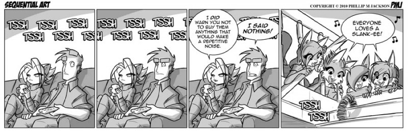 anthro dialogue female fur group hair male slinky sound_effects stairs text tv_remote conditional_dnp jollyjack sequential_art amber_(sequential_art) arthur_mathews jade_(sequential_art) kat_vance scarlet_(sequential_art) violet_(sequential_art) domestic_cat eurasian_red_squirrel felid feline felis human mammal rodent sciurid tree_squirrel 2010 comic english_text greyscale monochrome