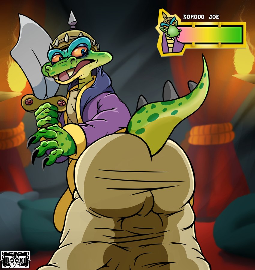 anthro armor balls_outline biped bottomwear bubble_butt bulge butt clothing detailed_bulge gameplay_mechanics genital_outline green_body headgear helmet humanoid_hands male pants solo text el_booki activision crash_bandicoot_(series) komodo_joe komodo_dragon lizard monitor_lizard reptile scalie 2022 absurd_res hi_res