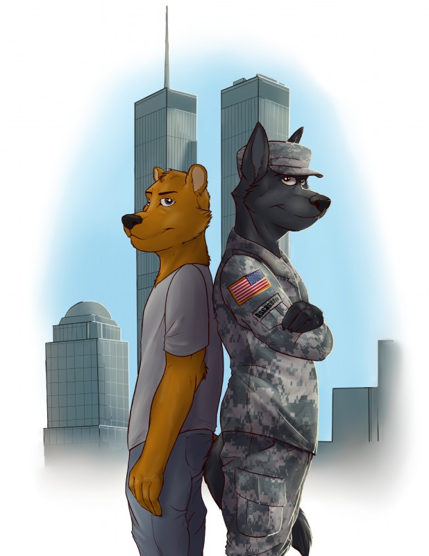 american_flag anthro back_to_back black_body black_fur building clothing duo flag fur hat headgear headwear looking_at_viewer male military military_uniform skyscraper soldier twin_towers uniform united_states_of_america warrior world_trade_center samaralab 9/11 real_world lupine_assassin canid canine canis mammal wolf 2011 absurd_res hi_res