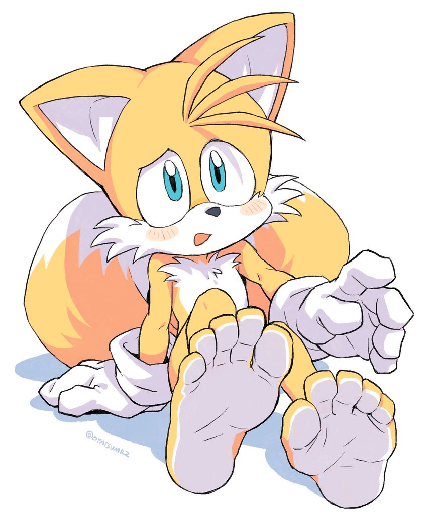 5_toes anthro blue_eyes blush clothing dipstick_tail feet foot_focus fur gloves gloves_only handwear handwear_only humanoid_feet male markings mostly_nude open_mouth plantigrade simple_background sitting soles solo tail tail_markings toes white_body white_fur yellow_body yellow_fur oyatsu sega sonic_the_hedgehog_(series) miles_prower canid canine fox mammal 2025 hi_res signature