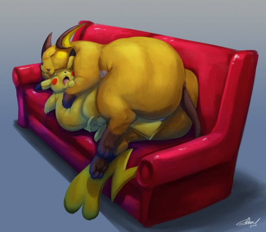 anthro belly big_butt butt duo female feral fur furniture hand_on_belly hug male male/female nude obese obese_anthro obese_female overweight overweight_anthro overweight_female size_difference sleeping sofa thick_thighs yellow_body yellow_fur gillpanda nintendo pokemon cocoa_(cheesecaker) fan_character sparks_(cheesecaker) generation_1_pokemon mammal pikachu pokemon_(species) raichu rodent 2015