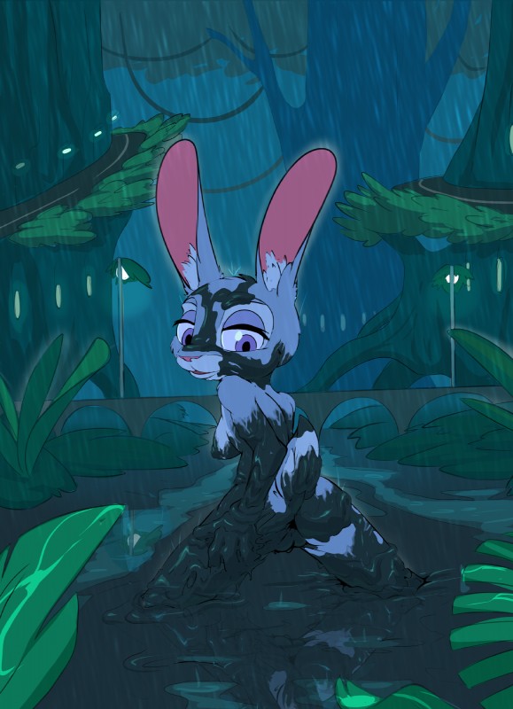 anthro breasts butt butt_focus clothed clothing dirty female genitals heart_symbol looking_at_viewer looking_back messy mud mud_covered muddy nipples nude pussy raining rear_view reflection smile solo topless wam blazera disney zootopia judy_hopps lagomorph leporid mammal rabbit 2019 hi_res
