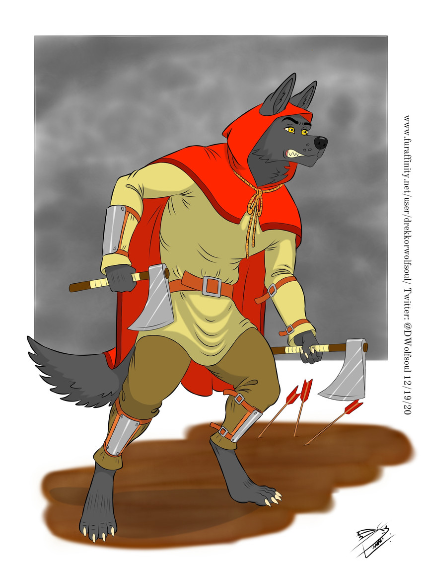 anthro armor arrow_(weapon) axe felling_axe male melee_weapon ranged_weapon solo vambrace warrior weapon drekkorwolfsoul canid canine canis mammal wolf 3:4 absurd_res hi_res