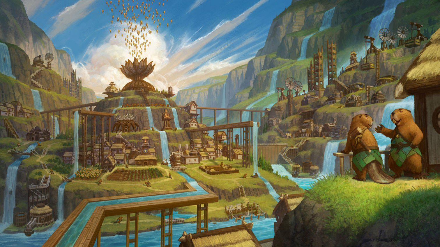 anthro aqueduct brown_body brown_fur buckteeth building clothing cloud detailed_background farm fence fur grass green_clothing hammer hill house male outside plant smile stairs standing tail teeth tools town water waterfall windmill wood wood_fence manuel_castanon mechanistry timberborn beaver mammal rodent 16:9 digital_media_(artwork) hi_res official_art widescreen