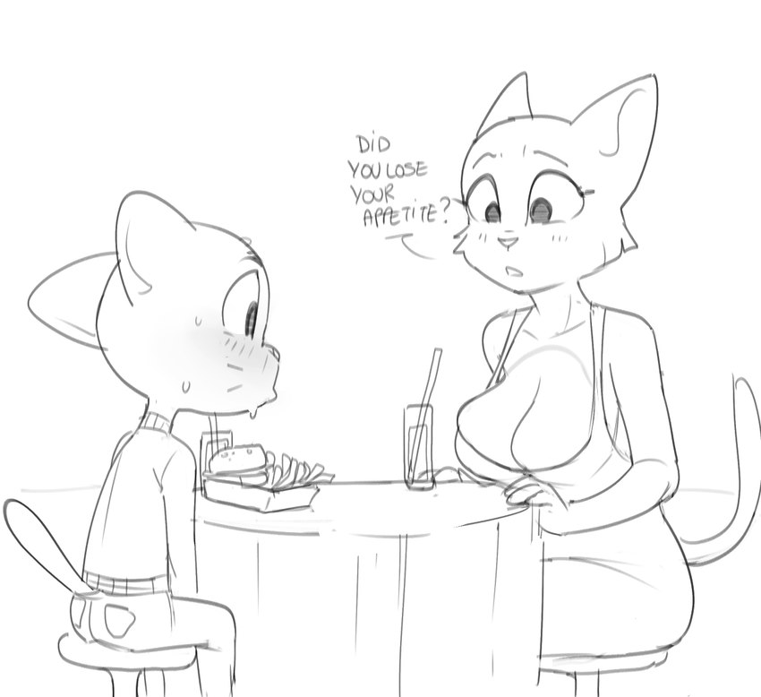 age_difference anthro asking asking_another bare_shoulders bent_arm bent_leg beverage big_breasts big_ears big_eyes biped black_text blush blush_lines bottomwear breasts burger butt cheek_tuft cleavage cleavage_overflow clothed clothed_anthro clothed_female clothed_male clothing container crossover_ship cup curved_eyebrows date dialogue dress drinking_straw duo eyebrows eyelashes facial_tuft female fingers food fries fully_clothed fully_clothed_anthro fully_clothed_male fur fur_tuft furniture huge_breasts humanoid_hands iris larger_female looking_at_another looking_at_another's_breasts looking_at_breasts looking_at_partner male male/female markings no_bra no_pupils older_female on_stool open_mouth pants pockets prick_ears question sitting sitting_on_stool size_difference skimpy smaller_male snout stool sweater table tail talking_to_another talking_to_partner text thin_eyebrows three-quarter_view topwear tuft whisker_markings wide_eyed yes-no_question young young_anthro young_male younger_male dbaru cartoon_network microsoft prequel_adventure the_amazing_world_of_gumball the_elder_scrolls gumball_watterson katia_managan domestic_cat felid feline felis khajiit mammal 2024 black_and_white crossover digital_drawing_(artwork) digital_media_(artwork) english_text monochrome