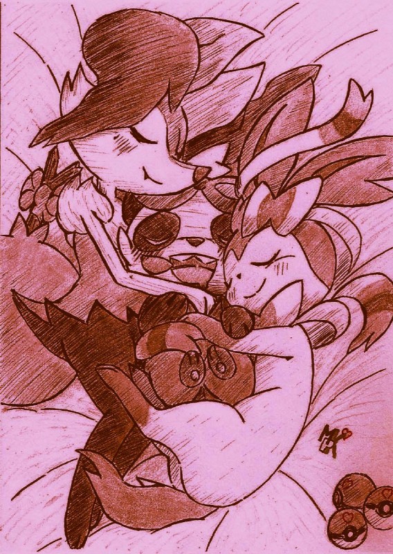 anthro blush female feral group love_ball male pokeball sleeping smile fullfolka nintendo pokemon braixen canid canine eeveelution generation_6_pokemon mammal pancham pokemon_(species) sylveon hi_res