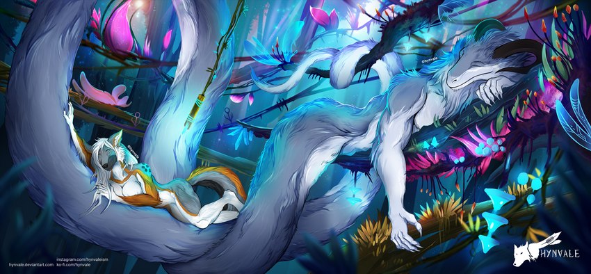 abs anthro apode biceps blue_body blue_fur branch brown_horn butt clothing coiling crystal cuddling duo eyes_closed fantasy fantasy_world female flower fluffy fluffy_chest fluffy_hair forest forest_background fungus fur hair hammock horn lamp leaf legless legwear light long_hair male moonlight muscular muscular_anthro muscular_male mushroom nature nature_background orange_body orange_fur plant raypunk relaxing resting scenery serpentine size_difference sleeping sleeping_together smile split_form tail thigh_highs tired tree treetop white_body white_fur wood hynvale european_mythology mythology bastia_(tialdo) feran_(zenkitamura) draconcopode dragon hybrid lamia mythological_creature mythological_scalie reptile scalie snake western_dragon hi_res