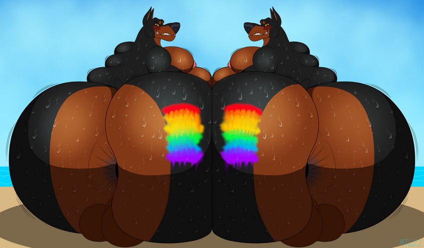 anthro anus anus_held_open balls beach bedroom_eyes belly big_anus big_balls big_butt black_body black_fur blush blush_lines bodily_fluids bodypaint brown_body brown_fur butt duo fur genitals huge_butt huge_moobs huge_thighs lgbt_pride looking_at_viewer looking_back looking_pleasured male male/male moobs multicolored_body multicolored_fur narrowed_eyes nipple_outline nipples nude obese obese_anthro obese_male overweight overweight_anthro overweight_male painted_butt pose presenting presenting_hindquarters pride_color_bodypaint pride_colors rainbow_pride_colors seaside seductive sitting sitting_on_ground six-stripe_rainbow_pride_colors smile smiling_at_viewer smothering sweat sweaty_body sweaty_butt sweaty_legs sweaty_thighs tattoo teasing thick_thighs two_tone_body two_tone_fur wide_hips yellow_eyes andrewthewolf2018 disney oliver_and_company desoto_(disney) roscoe_(disney) canid canine canis dobermann domestic_dog mammal pinscher absurd_res hi_res pinup