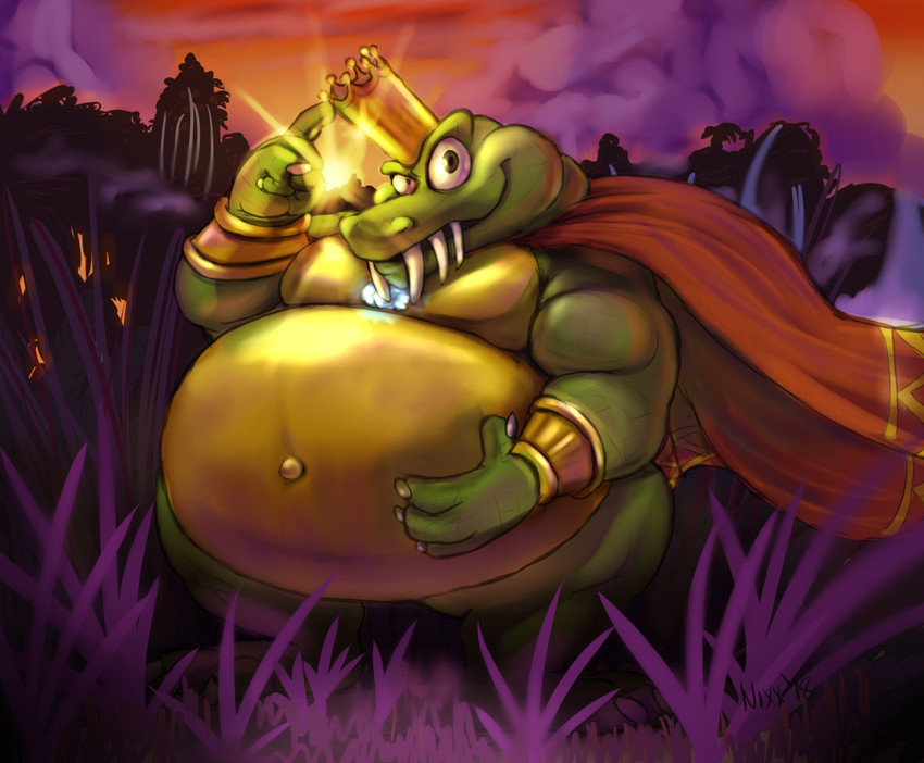 3_toes 4_fingers abdominal_bulge anthro belly biceps big_belly biped bloodshot_eyes bottomless bracelet cape cape_only claws clothed clothing crown fangs feet finger_claws fingers front_view gem gold_(metal) gold_bracelet gold_jewelry green_body green_scales hand_on_belly headgear holding_belly jewelry king looking_at_viewer male mostly_nude musclegut muscular muscular_anthro muscular_male navel obese obese_anthro obese_male open_mouth open_smile outie_navel outside overweight overweight_anthro overweight_male pecs plantigrade royalty scales smile snout solo standing teeth thick_thighs toe_claws toes topless white_claws nixx donkey_kong_(series) nintendo king_k._rool crocodile crocodilian kremling reptile scalie 2018 digital_media_(artwork)