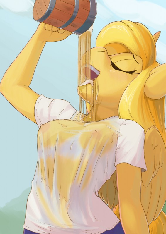 anthro anthrofied biped blonde_hair blue_bottomwear blue_clothing bottomwear breasts cider clothed clothing digitigrade drinking eyes_closed feathered_wings feathers female fur hair horn long_hair nipple_outline nipples open_mouth outside shirt solo standing topwear translucent translucent_clothing translucent_topwear wet wet_clothing wet_shirt wet_topwear white_clothing white_topwear wings yellow_body yellow_feathers yellow_skin ajin hasbro my_little_pony mythology fan_character golden_ticket equid equine mammal mythological_creature mythological_equine winged_unicorn hi_res