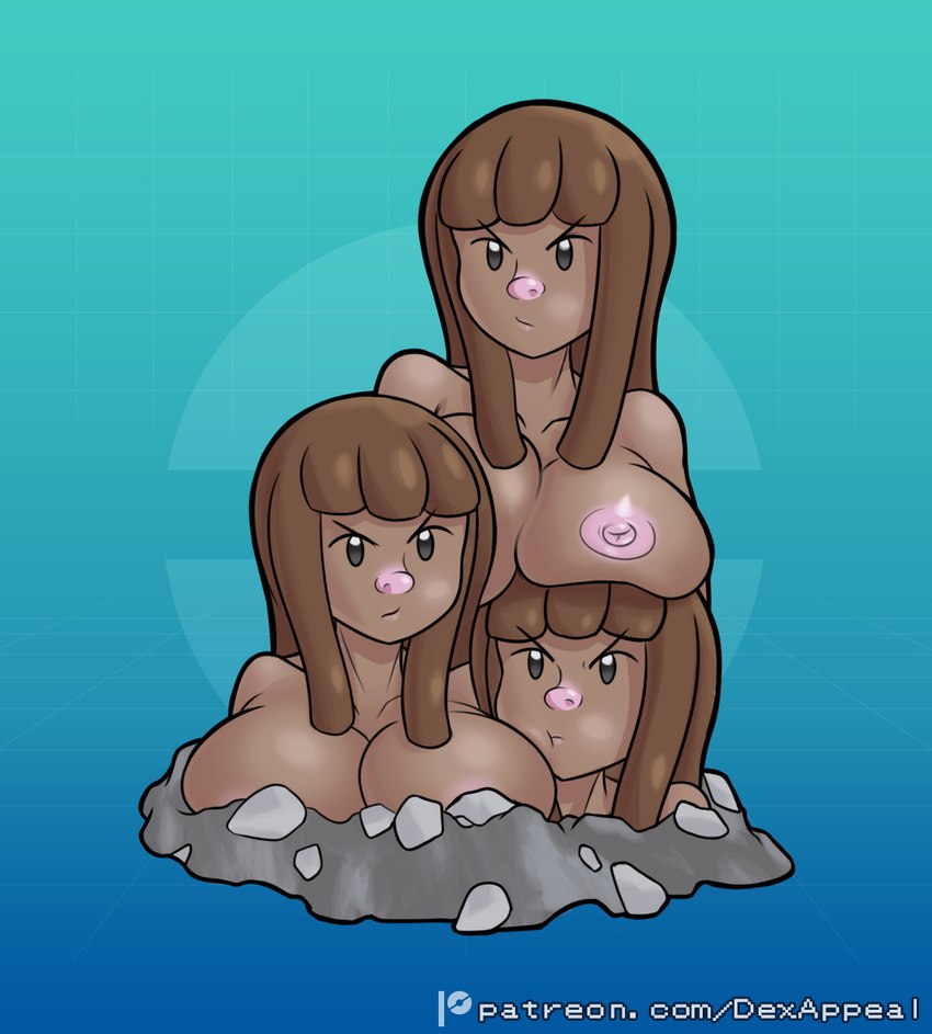 big_breasts boob_hat breasts brown_body brown_hair brown_skin buried female female/female group hair huge_breasts nipples nude simple_background trio dex_appeal nintendo pokemon dugtrio generation_1_pokemon humanoid mammal pokemon_(species) hi_res sibling_(lore) triplets_(lore)