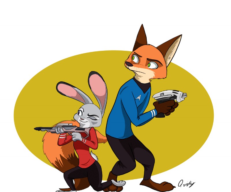 anthro clothed clothing duo female fur green_eyes grey_body grey_fur gun male orange_body orange_fur phaser purple_eyes ranged_weapon simple_background uniform weapon quirky-middle-child disney star_trek zootopia judy_hopps nick_wilde canid canine fox lagomorph leporid mammal rabbit red_fox true_fox 2017 6:5