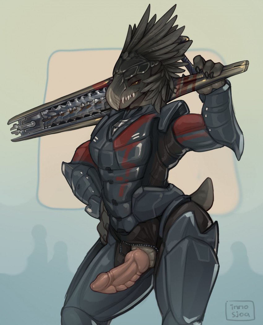 4_fingers animal_genitalia animal_penis anthro armor beak beam_rifle claws clothed clothing energy_weapon erection feathers finger_claws fingers front_view futuristic futuristic_armor genital_slit genitals grey_body grey_eyes gun hand_on_hip head_feathers holding_gun holding_object holding_ranged_weapon holding_weapon knot looking_at_viewer male male_anthro markings penis pink_penis pose pupils ranged_weapon ridged_penis science_fiction sharp_teeth short_tail slit_pupils smile solo standing tail teeth weapon weapon_on_shoulder zipper zipper_down zipper_jumpsuit inno-sjoa halo_(series) microsoft xbox_game_studios zath-kehk_(zavan) alien avian kig-yar scalie t'vaoan 2023 colored digital_media_(artwork) hi_res pinup signature