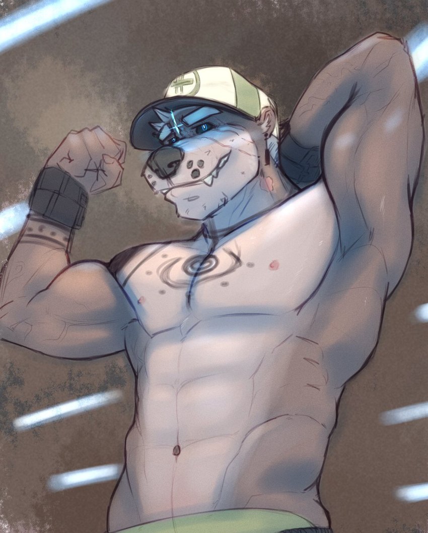 abs anthro athletic baseball_cap biceps black_sclera blue_eyes body_tuft bottomwear bracelet brown_body brown_fur claws clothing facial_tuft fangs flexing flexing_bicep flexing_biceps flexing_muscles fur glowing hair hand_behind_back hand_behind_head hat headgear headwear jewelry looking_ahead male markings muscular muscular_anthro muscular_male nipples pecs piercing raised_arm scar sharp_teeth shorts simple_background smile solo spots tattoo teeth tuft underarm underwear vein veiny_muscles white_hair wristband aetherotter fish mammal marine mustelid otter serrasalmid 2023 hi_res