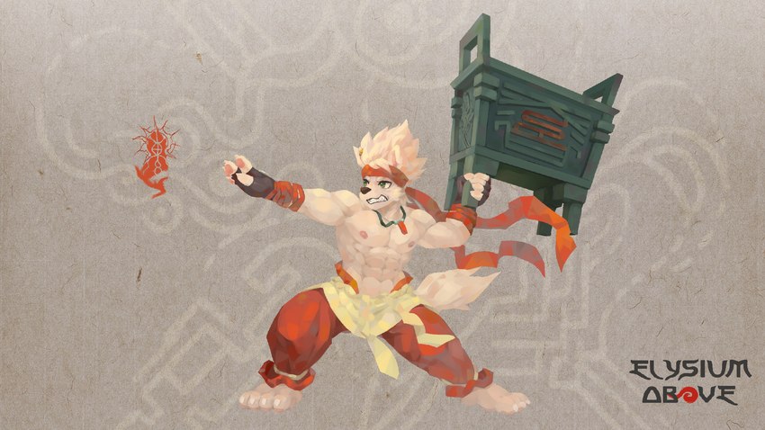 abs anthro biceps bottomwear clothing fangs fingerless_gloves gloves green_eyes hair handwear kemono male muscular muscular_male nipples pants pecs shirtless_male simple_background solo standing tail teeth white_body white_hair ainro elysium_above dong_xuan canid canine canis domestic_dog mammal 16:9 hi_res widescreen