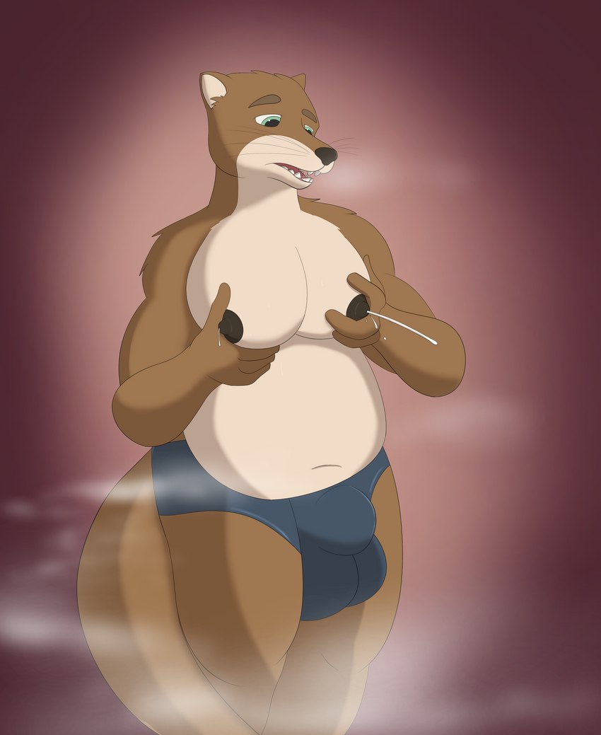 anthro areola balls big_balls black_areola black_nipples black_nose bodily_fluids brown_body brown_fur bulge detailed_bulge eyebrows fur genitals green_eyes lactating male male_lactation moobs multicolored_body multicolored_fur musk navel nipples purple_background simple_background slightly_chubby solo squeezing tan_body tan_fur tan_inner_ear teeth tongue two_tone_body two_tone_fur brick_break_after_dark mammal mustelid otter absurd_res digital_media_(artwork) hi_res portrait shaded three-quarter_portrait