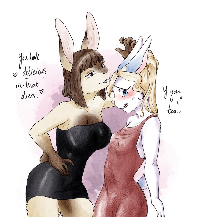 anthro blonde_hair blue_eyes blush bodily_fluids breast_size_difference breasts brown_body brown_fur brown_hair buckteeth cleavage clothed clothing dress duo female female/female flirting fur hair heart_symbol looking_away small_breasts sweat sweatdrop teeth white_body white_fur bluebun lagomorph leporid mammal rabbit hi_res