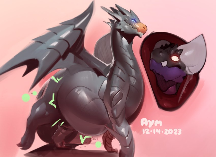 abdominal_bulge ambiguous_form ambiguous_gender ambiguous_pred ambiguous_prey belly big_belly black_body black_scales cutaway digitigrade duo empty_eyes fangs feral feral_pred fully_inside glistening glistening_body glistening_scales glowing glowing_eyes grey_body grey_horn grey_scales grey_wings horn inside_stomach internal jagged_mouth larger_ambiguous larger_feral larger_pred long_neck membrane_(anatomy) membranous_wings monotone_body monotone_scales multicolored_body multicolored_scales oral_vore pink_background purple_body purple_scales quadruped scales side_view simple_background size_difference smaller_ambiguous smile smirk soft_vore standing tail teeth two_tone_body two_tone_scales vore white_eyes white_horn wings aymbord capcom monster_hunter mythology dragon elder_dragon kushala_daora mythological_creature mythological_scalie nergigante scalie 2023 colored dated digital_media_(artwork) full-length_portrait hi_res portrait shaded signature