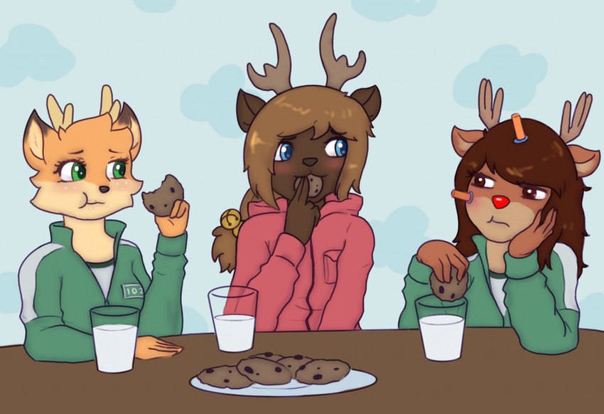 accessory annoyed anthro antlers black_nose blonde_hair blue_eyes brown_body brown_eyes brown_fur brown_hair clothing cookie cookies_and_milk dart eating eating_food eyelashes female food fur furniture glass green_clothing green_eyes group hair hair_accessory hair_bell hand_on_face horn jacket long_hair looking_at_another milk object_in_hair object_on_face orange_body orange_fur orange_hair pattern_clothing pivoted_ears red_clothing red_nose short_hair sky striped_clothing stripes table topwear toy tracksuit trio white_stripes norzeart squid_game maple_(jayrnski) reyn_(nukepone) rue_(the-minuscule-task) cervine deer mammal new_world_deer reindeer 2021