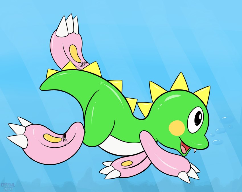 ambiguous_gender bubble green_body green_scales open_mouth paws scales solo swimming tail cpctail bubble_bobble mythology square_enix taito bub_(bubble_bobble) bubble_dragon dragon mythological_creature mythological_scalie scalie game_(disambiguation) hi_res