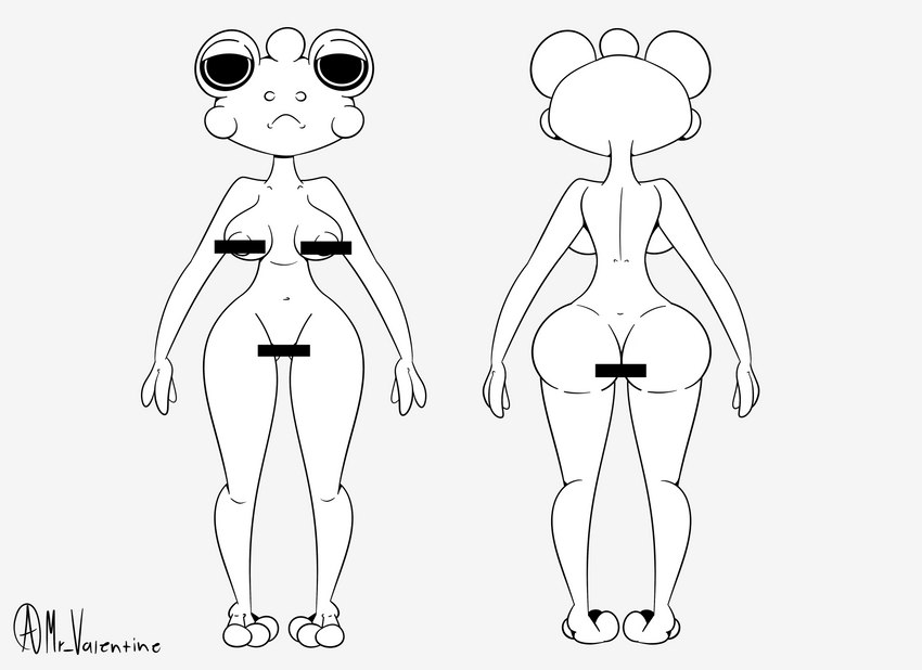 anthro big_eyes black_eyes breasts butt face_mask female glands half-closed_eyes larger_female narrowed_eyes nude sad size_difference skinny skinny_female solo mr_valentine00 amphibian frog absurd_res censored hi_res model_sheet monochrome