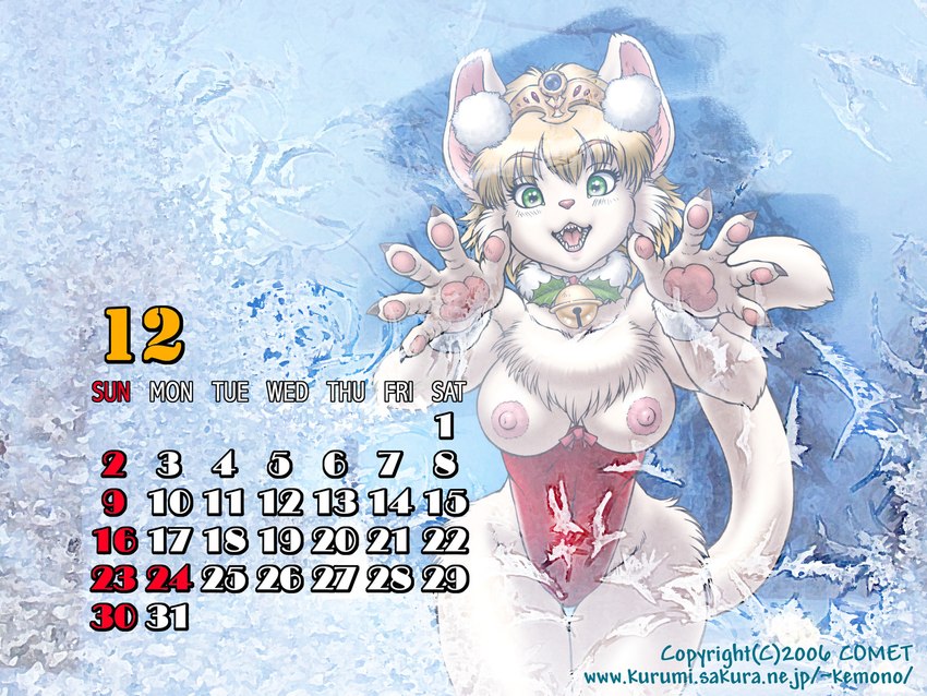 anthro bell blue_background breasts calendar calendar_graphic clothed clothing december_(month) female frost fur nipples pose seductive simple_background snow solo tail topless white_body white_fur wide_hips winter dr_comet domestic_cat felid feline felis mammal 2006 4:3 hi_res pinup wallpaper