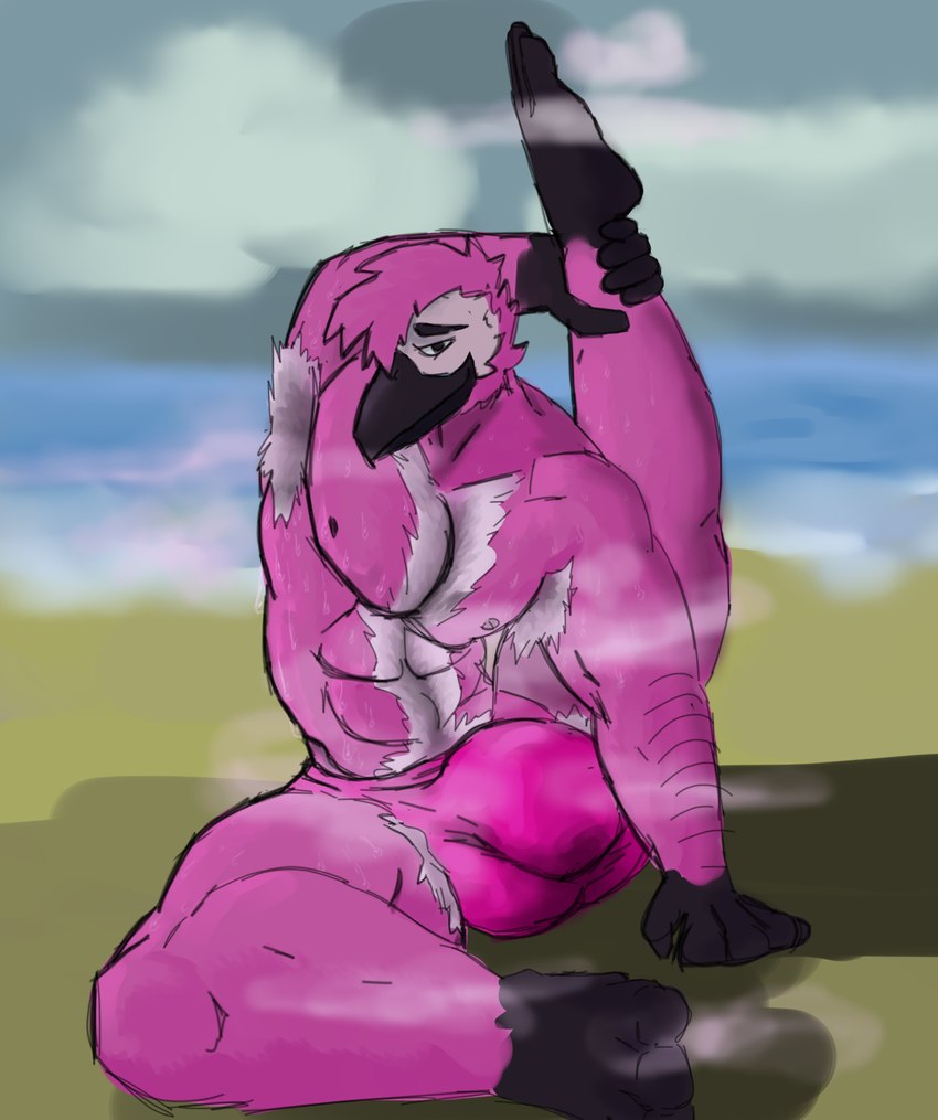 abstract_background anthro armpit_hair beach bodily_fluids body_hair clothing looking_at_viewer male muscular musk musk_clouds pink_body pubes solo sweat underwear yoga averagebovinebuddy dome_(character) avian bird flamingo 2024 digital_media_(artwork) hi_res