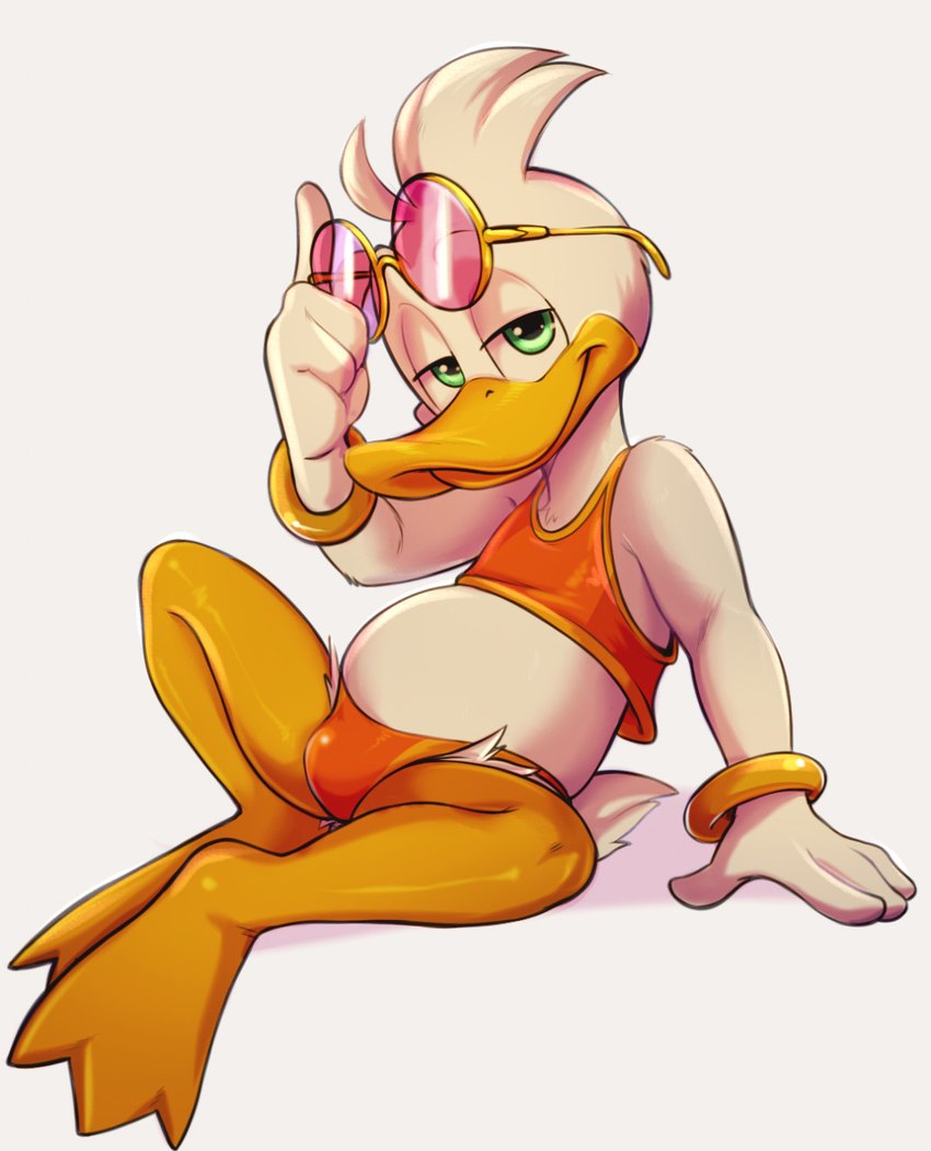 anthro bikini bikini_bottom bikini_bulge bikini_thong bikini_top clothed clothing crossdressing male midriff narrowed_eyes penis_in_bikini solo swimwear two-piece_swimsuit dandi disney ducktales quill_wonderfowl anatid anseriform avian bird duck hi_res