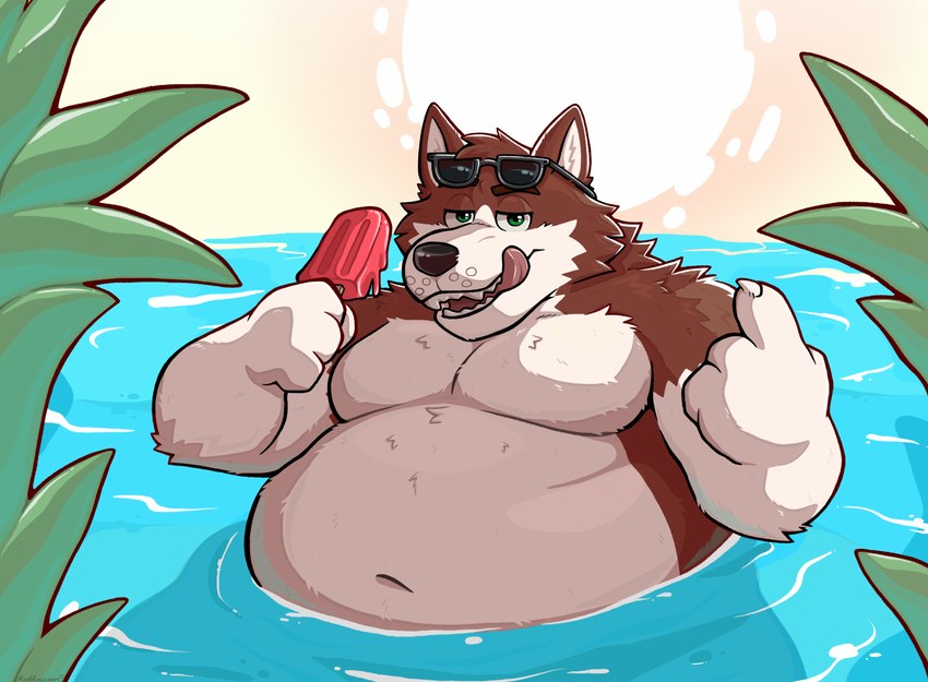 anthro beckoning bedroom_eyes belly big_belly brown_body brown_fur claws eyewear eyewear_on_head food fur gesture holding_food holding_object holding_popsicle licking licking_lips licking_own_lips looking_at_viewer male moobs narrowed_eyes navel obese obese_anthro obese_male open_mouth open_smile outside overweight overweight_anthro overweight_male partially_submerged plant popsicle seductive smile solo sun sunglasses sunglasses_on_head teeth tongue tongue_out water white_body white_fur raccsnacc kroxy_(character) canid canine canis mammal wolf hi_res