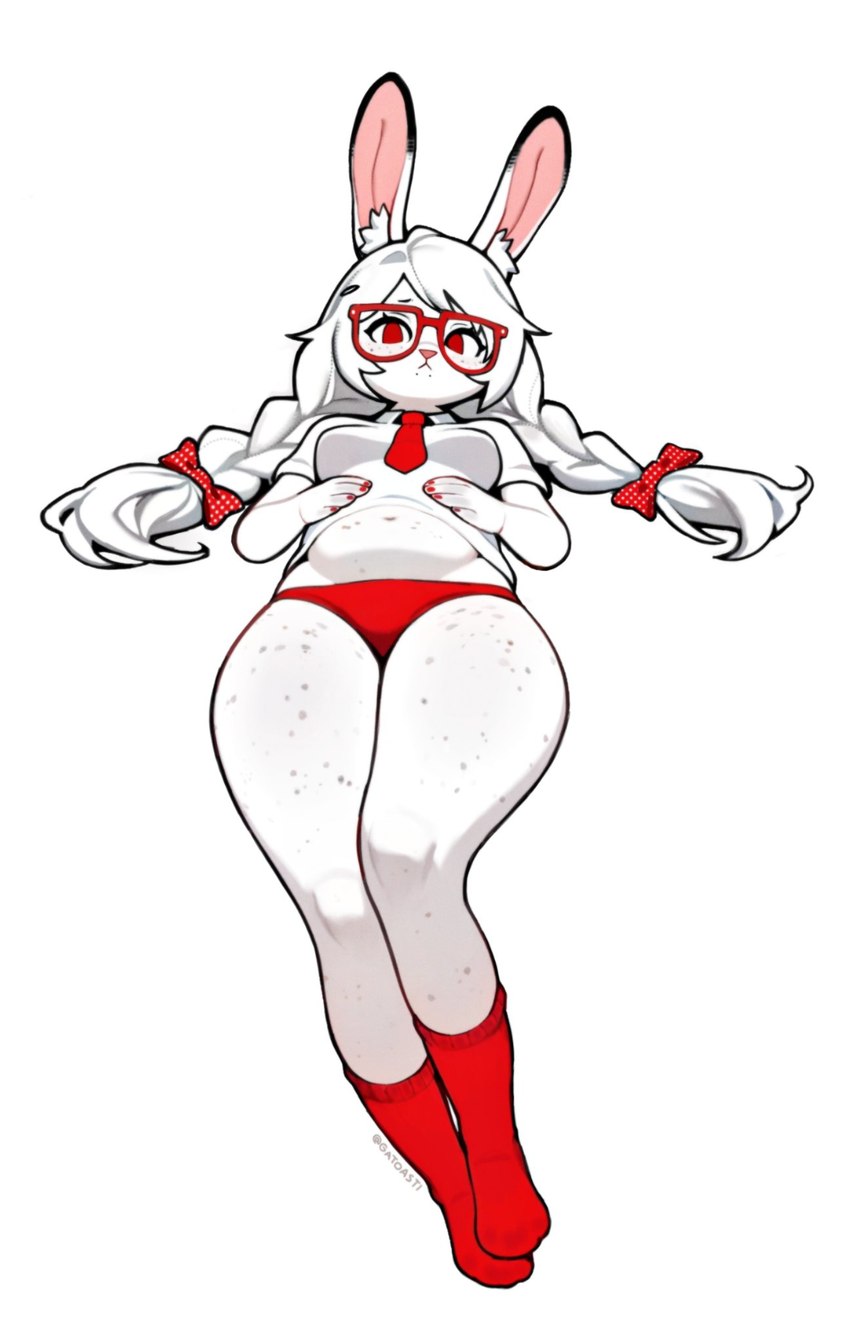 anthro bow_ribbon braided_pigtails clothing collared_shirt eyewear female footwear freckles fur glasses hair hands_on_stomach inner_ear_fluff looking_at_viewer midriff navel necktie panties pigtails red_clothing red_eyes red_footwear red_panties red_socks red_underwear ribbon_in_hair shirt simple_background socks solo topwear tuft underwear white_background white_body white_clothing white_fur white_hair white_shirt white_topwear gatoasti lagomorph leporid mammal rabbit hi_res