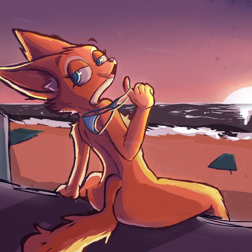 anthro beach bikini bikini_bottom blue_eyes clothing female holding_bikini_bottom looking_back nude open_mouth sand sea sitting sky smug_face solo stairs sunset swimwear tail tail_on_ground two-piece_swimsuit water la_luxo dreamworks the_bad_guys diane_foxington canid canine fox mammal 1:1 hi_res