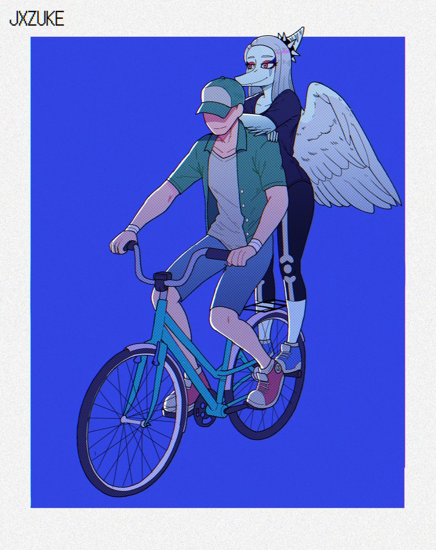 amber_eyes anthro bald bicycle blue_background border bottomwear clothing duo elbow_feathers eyelashes eyeliner feathered_wings feathers female fingers footwear grey_body grey_hair grey_scales hair jacket light-skinned_male light_body light_skin makeup male riding_bike scales shoes shorts simple_background smile sneakers snout topwear vehicle white_border wings jxzuke cavemanon_studios goodbye_volcano_high snoot_game anon_(snoot_game) fang_(gvh) human mammal prehistoric_species pterodactylus pterosaur reptile scalie 2023 artist_name digital_drawing_(artwork) digital_media_(artwork) hi_res watermark