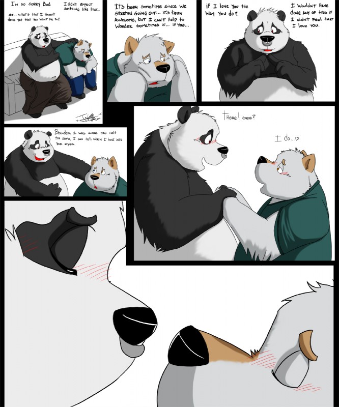 blush clothed clothing dialogue duo heart_symbol heterochromia male male/male overweight romantic romantic_couple slice_of_life text topless jakegr bod kanon bear canid canine canis domestic_dog giant_panda mammal comic english_text hi_res