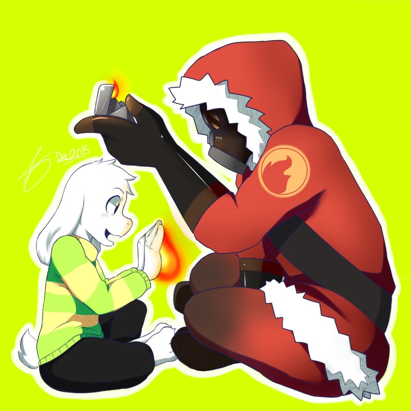 anthro boots clothed clothing duo fire fire_suit footwear fur gas_mask gloves green_background handwear hood lighter long_ears male mask shoes side_view simple_background sitting sweater topwear white_body white_fur filtrandez team_fortress_2 undertale undertale_(series) valve asriel_dreemurr pyro_(team_fortress_2) boss_monster_(undertale) bovid caprine mammal 1:1 crossover hi_res