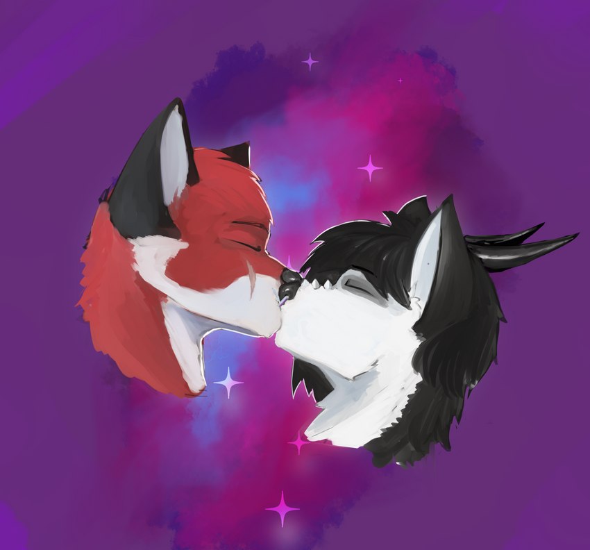 anthro black_body black_eyeshadow black_fur duo eyes_closed eyeshadow fur horn kissing makeup male male/male red_body red_fur scar unknown_artist rivey_ravenheart xfotzy canid canine canis domestic_dog fox husky mammal nordic_sled_dog spitz hi_res