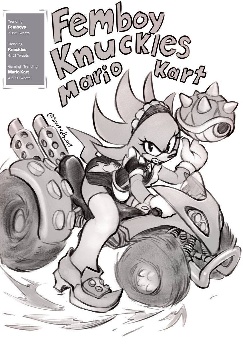 angry anthro apron biped clenched_teeth clothed clothing crossdressing dress femboy footwear gloves handwear legwear looking_at_viewer maid_headdress maid_uniform male shirt_cuffs solo stockings teeth text thigh_highs uniform vehicle sparkydb mario_bros mario_kart nintendo sega sonic_the_hedgehog_(series) knuckles_the_echidna echidna mammal monotreme 2023 absurd_res crossover english_text hi_res monochrome sketch