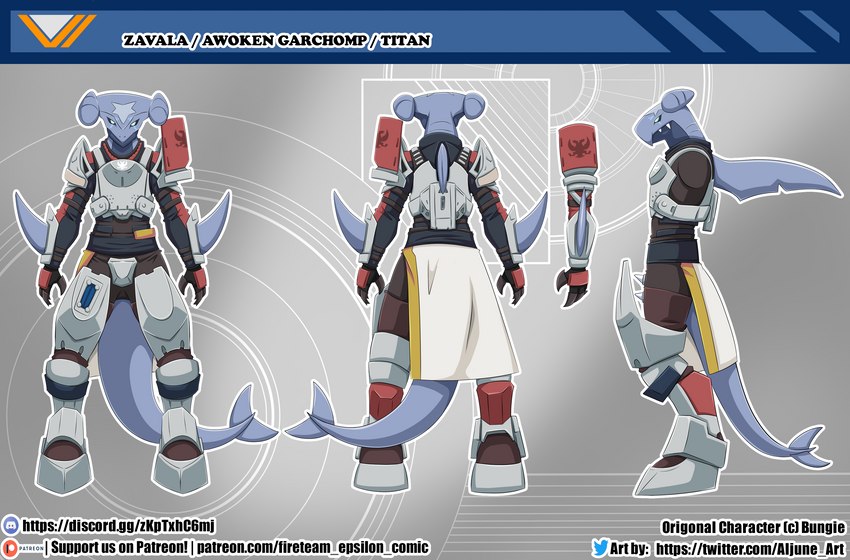 anthro guardian male solo text aljune_art destiny_(video_game) destiny_2 fireteam_epsilon nintendo pokemon guardian_(destiny) titan_(destiny) zavala garchomp generation_4_pokemon pokemon_(species) english_text hi_res model_sheet url