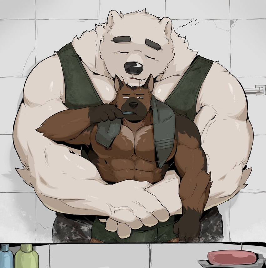 abs anthro arm_tuft army army_outfit army_uniform bathroom big_muscles black_nose bodily_fluids bottomwear briefs brown_body brown_fur brush brushing brushing_teeth bulge camo camo_bottomwear camo_clothing camo_print camo_underwear clothed clothing drooling duo ears_up elbow_tuft eyebrows eyes_closed fur fur_markings green_clothing green_shirt green_topwear green_underwear head_tuft hug hugging_another hugging_from_behind humanoid_hands larger_male male male/male markings military military_clothing military_uniform morning muscular muscular_anthro muscular_male neck_tuft nipples pattern_bottomwear pattern_clothing pattern_underwear pecs saliva shirt size_difference sleeping soap soldier sweat tank_top tired topless topwear towel tuft underwear uniform wall_(structure) warrior white_body white_fur warr bear canid canine canis domestic_dog german_shepherd herding_dog mammal pastoral_dog polar_bear ursine absurd_res hi_res