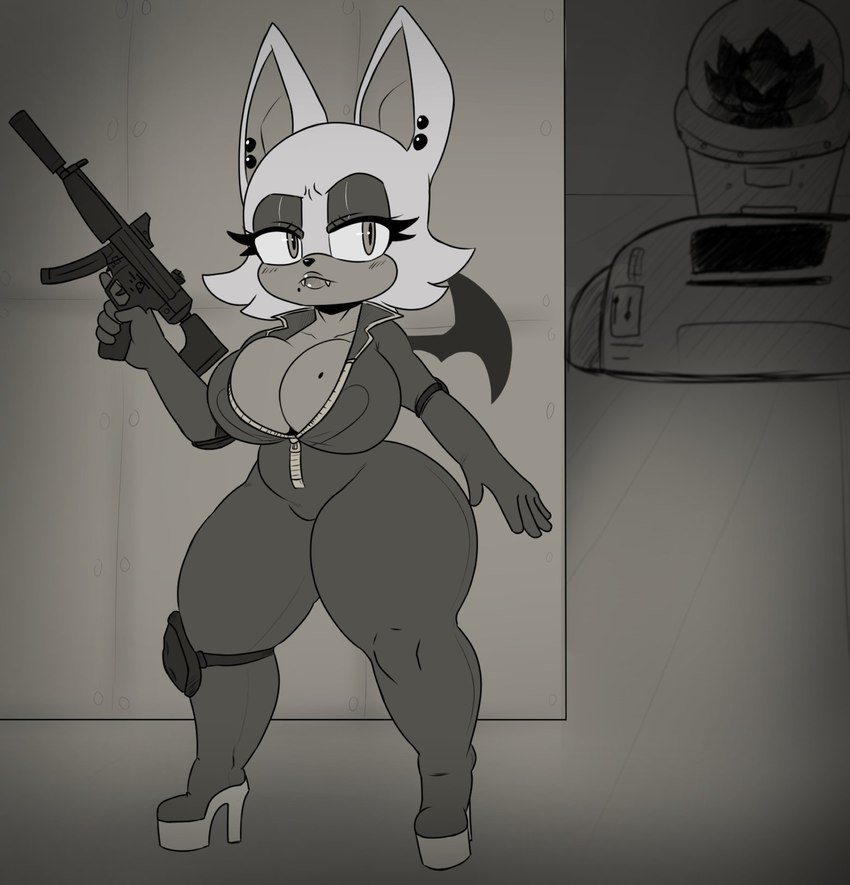 anthro big_breasts breasts cleavage clothed clothing duo ear_piercing female footwear fur gun high_heels holding_gun holding_object holding_ranged_weapon holding_weapon jumpsuit male markings mole_(marking) mp5 piercing ranged_weapon shoes silencer spy_suit submachine_gun weapon white_body white_fur wide_hips zipper berkthejerk sega sonic_the_hedgehog_(series) rouge_the_bat shadow_the_hedgehog bat eulipotyphlan hedgehog mammal hi_res monochrome