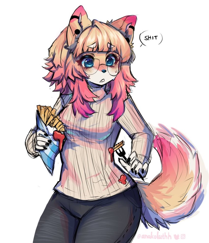 anthro big_glasses blonde_hair blue_eyes breasts clothing curled_tail dirty dirty_clothing ear_piercing eyewear female female_anthro food fur glasses hair humanoid_face kemono medium_breasts oops piercing solo tail thick_thighs yellow_body yellow_fur anakoluth aska_(anakoluth) canid canine canis domestic_dog mammal shiba_inu spitz icon warm_colors