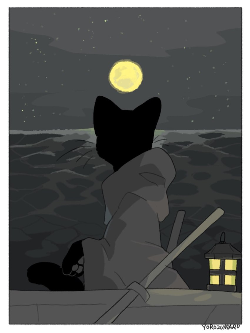 ambiguous_gender anthro black_body boat full_moon lamp lantern moon night pawpads solo vehicle watercraft whiskers yorozumaru urushi_(yorozumaru) domestic_cat felid feline felis mammal 2022 hi_res