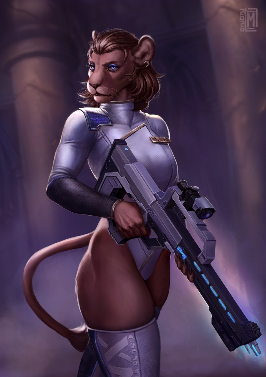 anthro blue_eyes brown_hair clothed clothing ear_piercing eyebrows eyelashes female gun hair holding_gun holding_object holding_ranged_weapon holding_weapon piercing ranged_weapon science_fiction solo space_force weapon moon-s star_trek felid lion mammal pantherine 2020 digital_media_(artwork) hi_res