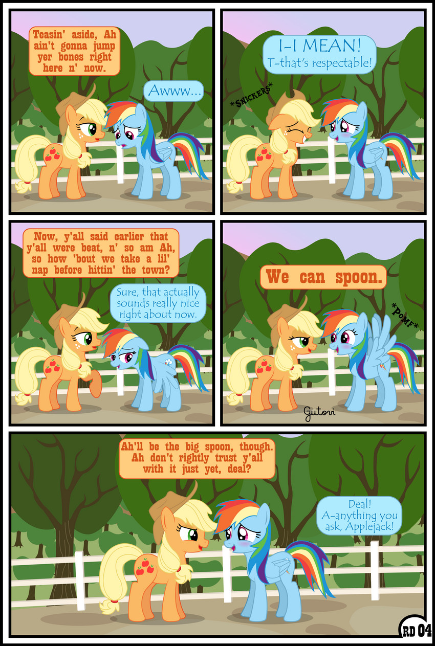 base_three_layout blockage_(layout) blonde_hair clothing dialogue duo female feral five_frame_image four_frame_grid hair hat headgear headwear horizontal_blockage orange_body text three_row_layout gutovi-kun friendship_is_magic hasbro my_little_pony applejack_(mlp) rainbow_dash_(mlp) equid mammal absurd_res comic english_text hi_res