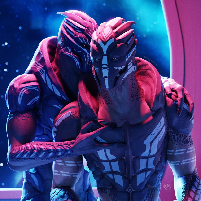 arm_around_shoulders blue_eyes cuddling duo hand_on_chest hand_on_shoulder hug hugging_another hugging_from_behind intraspecies looking_at_viewer male male/male muscular muscular_male nude romantic romantic_couple space yellow_eyes kagekave bioware electronic_arts mass_effect alien turian 1:1 3d_(artwork) digital_media_(artwork) hi_res