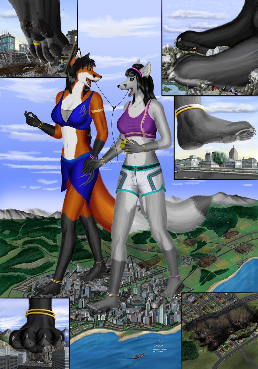 anklet anthro athletic_wear blue_eyes bottomwear bra bracelet city claws clothing cloud destruction dipstick_tail duo_focus earbuds electronics eye_contact female green_eyes group headphones jewelry landscape_dwarfing looking_at_another macro markings midriff navel paws roads shorts skirt sports_bra tail tail_markings toe_claws underwear carex canid canine fox mammal 2011 absurd_res digital_media_(artwork) full-length_portrait hi_res portrait