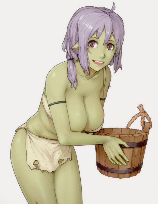 bent_over big_breasts bottomwear breasts bucket cleavage clothed clothing container fangs female green_body green_skin hair hanging_breasts loincloth midriff not_furry purple_hair simple_background skimpy solo teeth white_background materclaws that_time_i_got_reincarnated_as_a_slime haruna_(that_time_i_got_reincarnated_as_a_slime) goblin hobgoblin humanoid 2018 hi_res