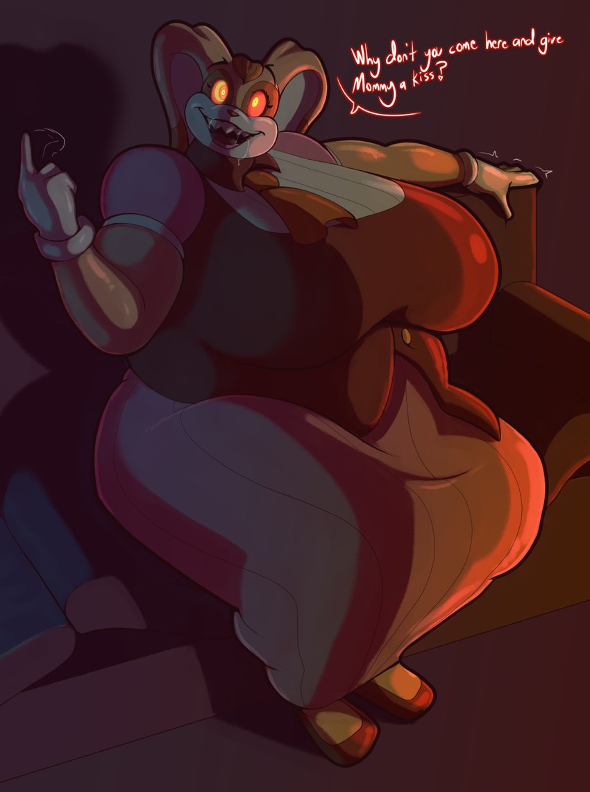 anthro big_breasts bodily_fluids breasts clothing dialogue dress drooling female footwear gloves glowing glowing_eyes handwear high_heels huge_breasts hyper looking_at_viewer obese overweight possession saliva sharp_teeth shoes solo speech_bubble teeth thick_thighs mcnasty sega sonic_the_hedgehog_(series) vanilla_the_rabbit boo_(sonic) lagomorph leporid mammal rabbit 2024 hi_res