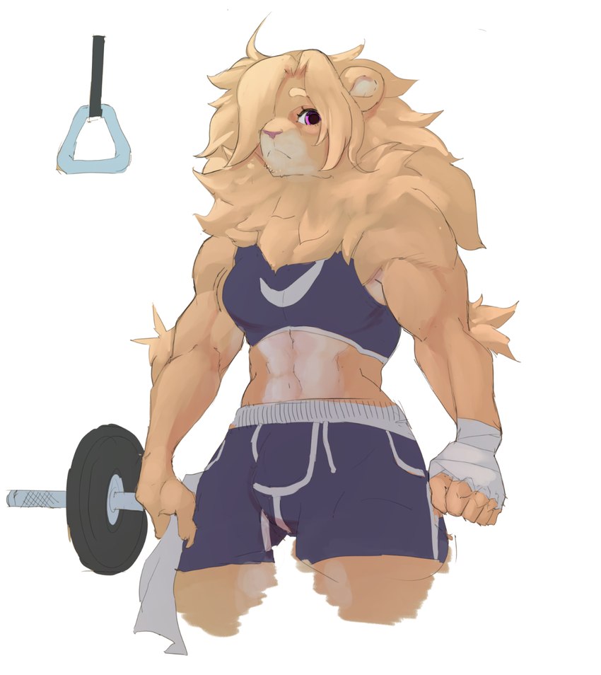 anthro blonde_mane bottomwear breasts bulge clothing gynomorph intersex mane muscular muscular_gynomorph muscular_intersex shirt shorts simple_background solo tank_top topwear weights white_background corablue felid lion mammal pantherine 2024 digital_media_(artwork) hi_res