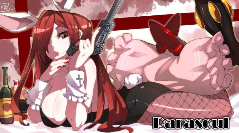 alcohol bar beverage breasts brown_eyes bunny_costume clothing costume fake fake_ears fake_rabbit_ears female hair holding_object holding_weapon lingerie pillow playboy_bunny red_hair solo suit teddy_(clothing) umbrella weapon wine skullgirls parasoul human mammal